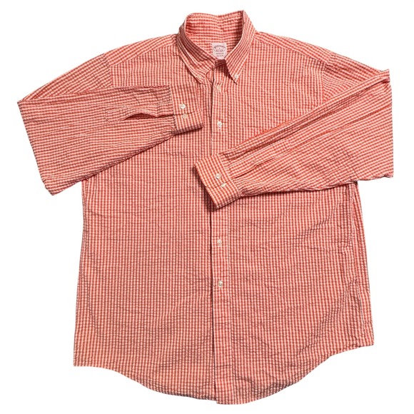 Brooks Brothers Madison Button Down Shirt Men's Large Orange White Seersucker - Picture 2 of 7